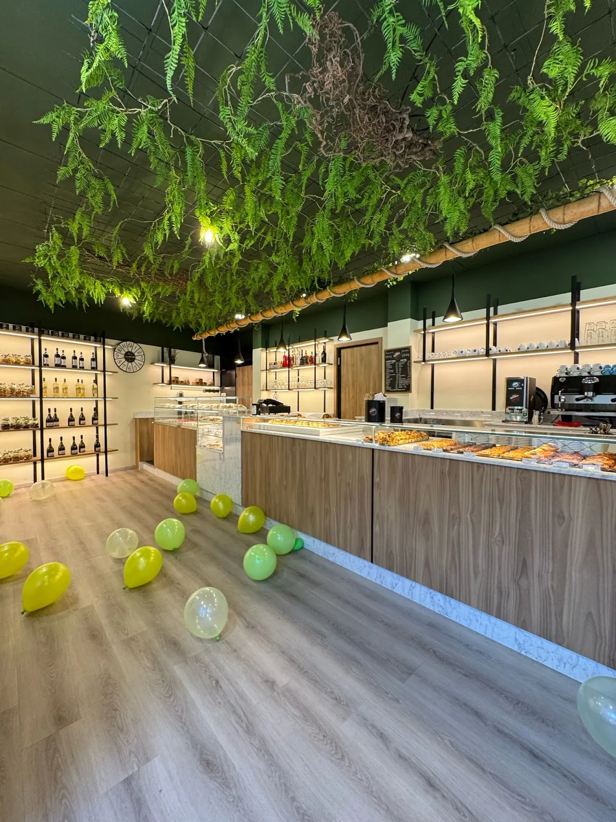 L'interno di Namelaka: bancone in legno chiaro, vetrina dei dolci e soffitto verde di piante